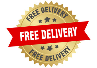 Obraz premium free delivery. free delivery round red and gold label isolated on transparent background