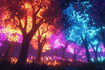 Fototapeta premium Neon Enchanted Forest Glowing Trees Night Scene