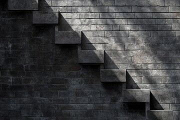 Dark grey stone staircase built into a textured brick wall, dramatic light and shadow.