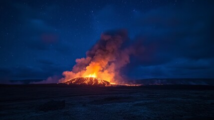 A dramatic volcanic eruption with glowing lava and smoke against the night sky
