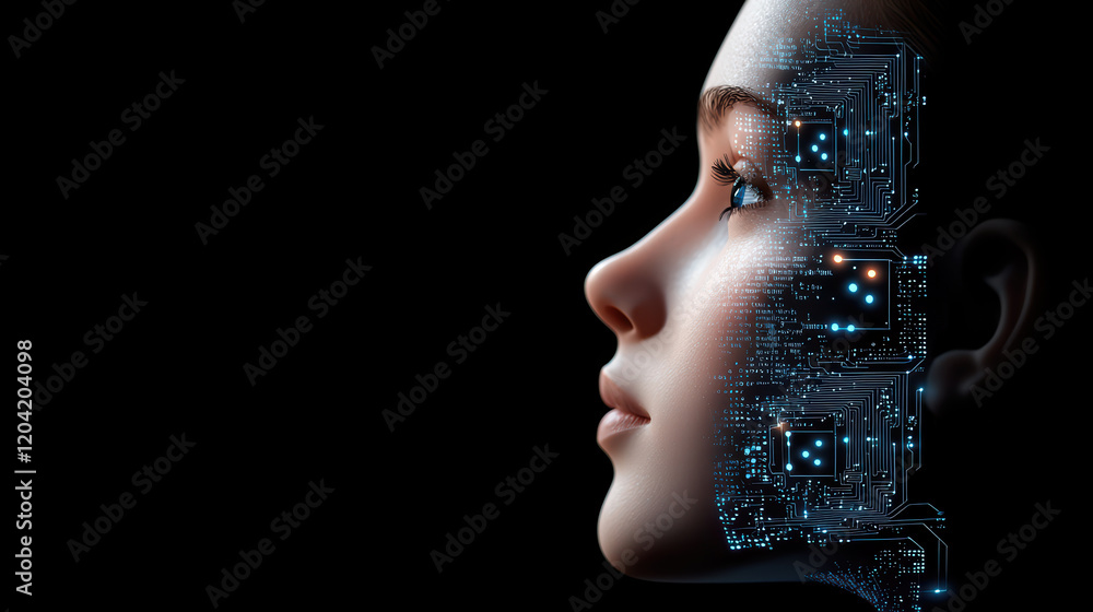 Poster digital face with circuit design, representing technology and ai