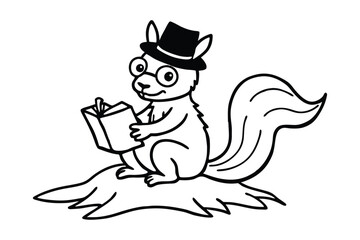 A squirrel wearing a top hat and glasses, sitting on a tree stump line art illustration.eps