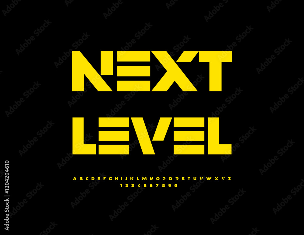 Poster vector digital sign next level. modern futuristic font. tech bold alphabet letters and numbers set.