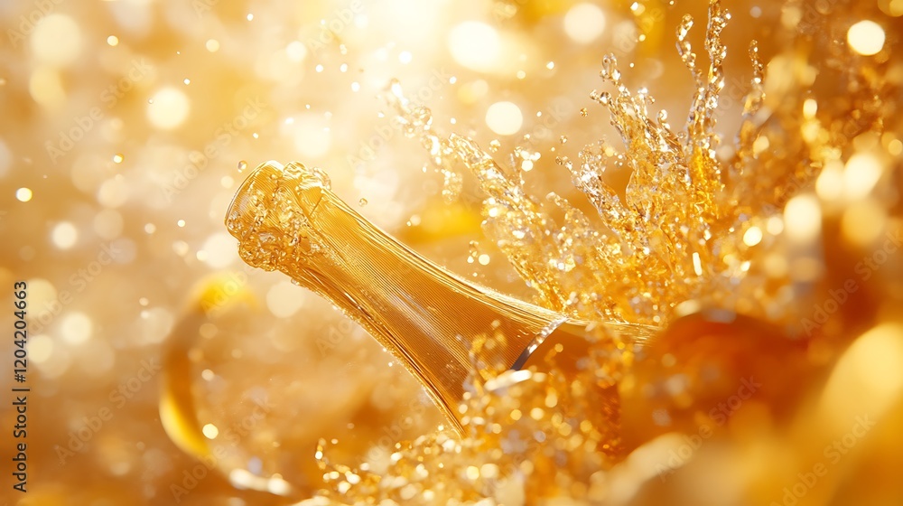 Poster golden champagne bottle with splashing liquid against a bokeh background.