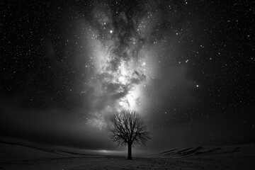Solitary leafless tree under starry sky remote landscape black and white photography nighttime artistic concept
