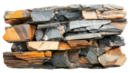 Png of Close-up of layered sedimentary rock displaying gray and orange hues on transparent background.