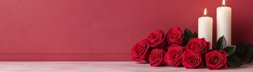 Elegant arrangement of red roses and white candles on a soft red backdrop.