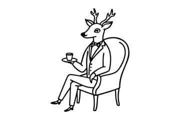 A deer wearing a suit and monocle, sitting on a vintage chair line art illustration.eps