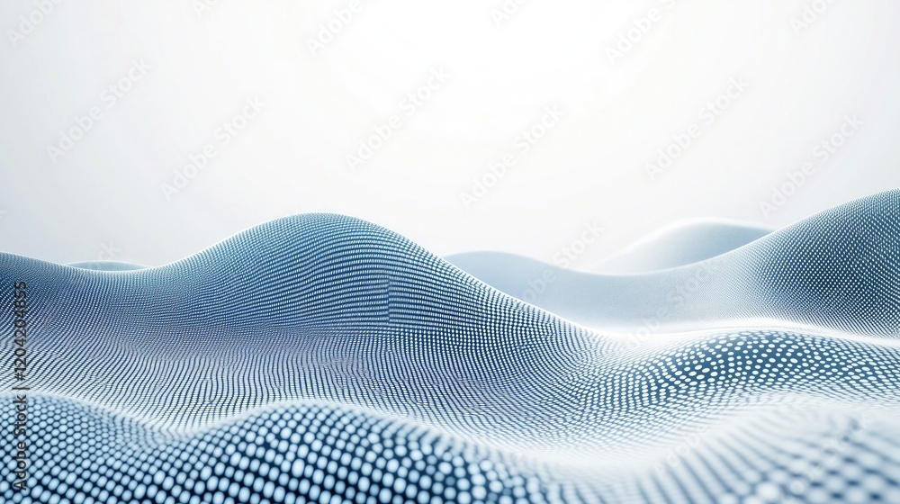 Fototapete Abstract wave - like pattern composed of dots in blue and white tones. Digital and technological concept with smooth undulating forms suggesting data flow or connectivity.