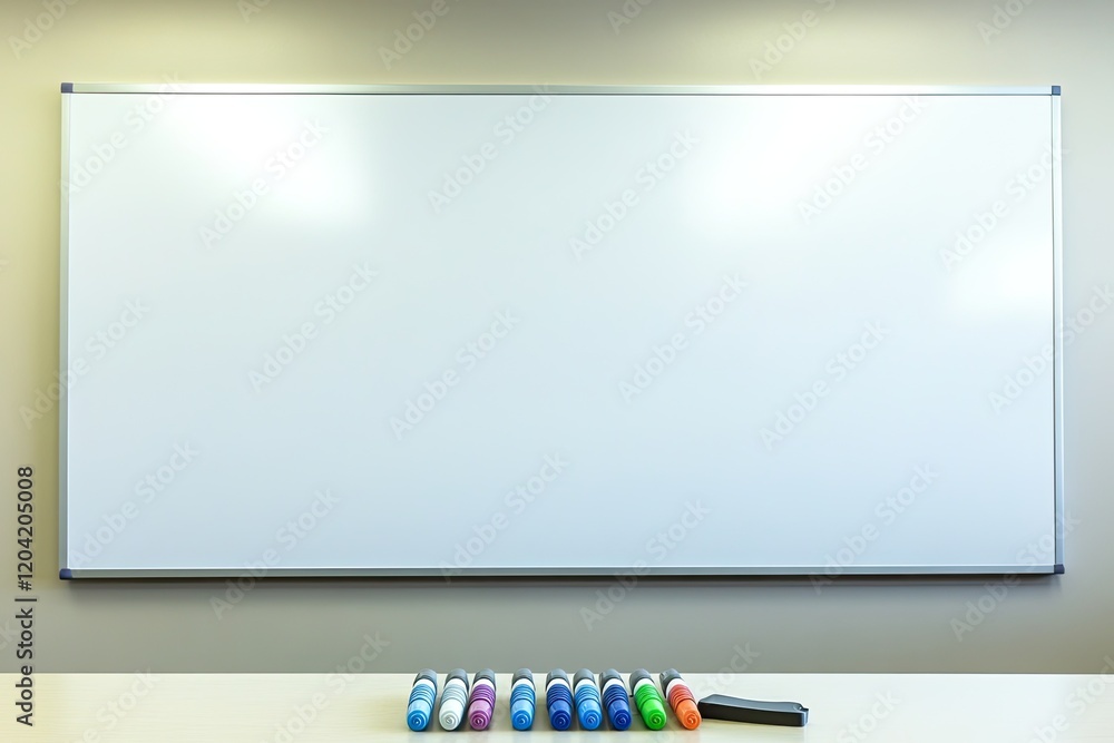 Poster clean whiteboard in empty classroom with markers and eraser placed neatly at bottom edge
