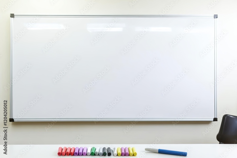 Poster clean whiteboard in empty classroom with markers and eraser placed neatly at bottom edge
