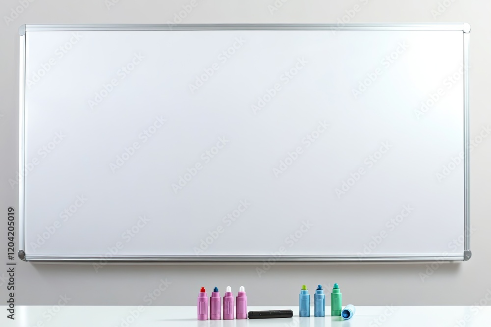 Poster clean whiteboard in empty classroom with markers and eraser placed neatly at bottom edge