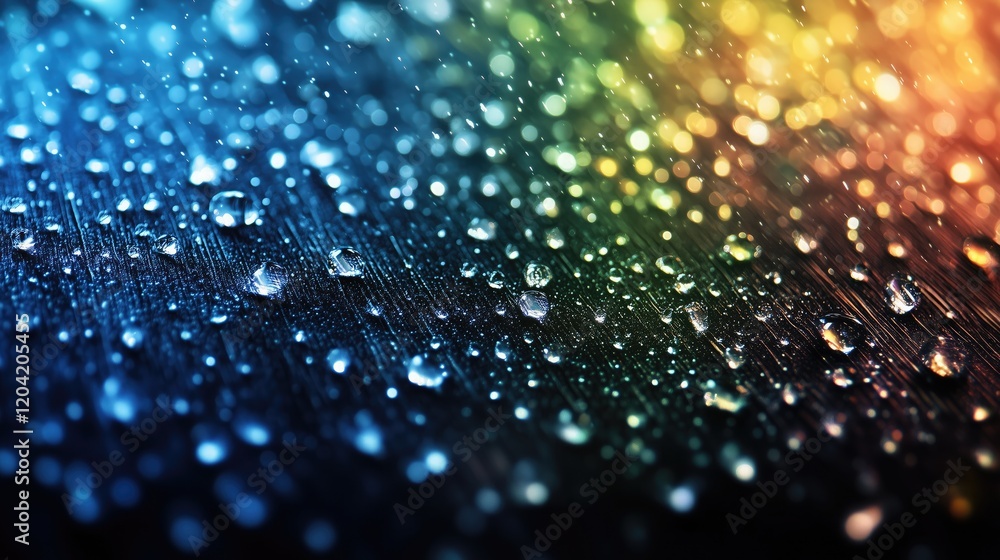 Poster sparkling water droplets on a surface with a gradient of rainbow colors in the background, creating 