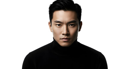 Obraz premium Isolated on a white background, a handsome Asian man displays a serious demeanor while looking into the camera.