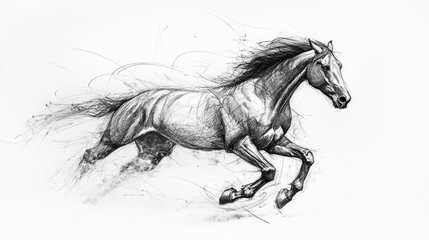 Dynamic sketch of a running horse on a white background, capturing its motion and power in detailed lines
