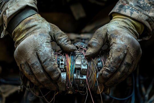 close-up of sapper gloved hands defusing complex explosive device with wires and intricate mechanisms
