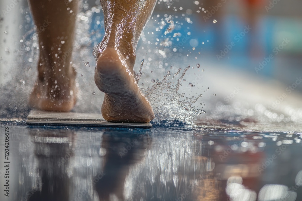 Aufkleber close-up of swimmer feet on starting block with blurred water spray and reflections adding dynamic m