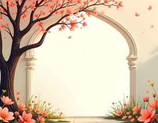 Royal Indian Arch Watercolor illustration floral, tree Indian garden invitation design template background with space for text, template, invitation for wedding, engagement and events, board design