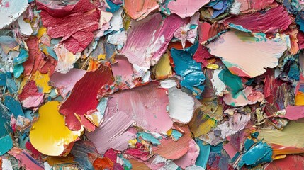 Fototapeta premium A fragmented collage of paper, fabric, and paint layers in a chaotic yet cohesive composition