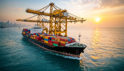 A Cargo Ship Navigates Calm Waters At Sunset.