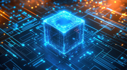 A vibrant blue cube is centrally positioned, surrounded by intricate glowing circuitry patterns in a digital interface. The lighting creates a captivating atmosphere filled with technological energy.