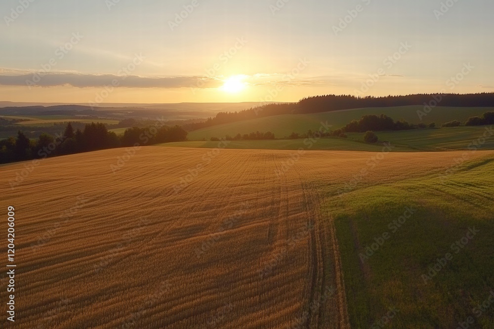 Poster sunset over expansive golden fields with rolling hills and trees in the background during a peaceful