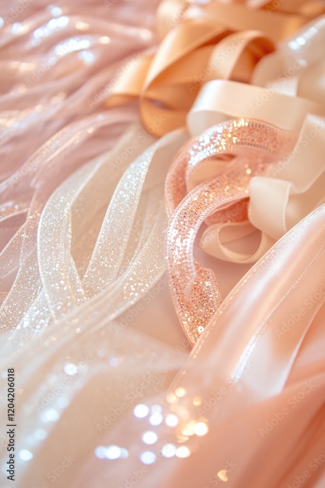 Poster close-up of figure skating ribbons and sequins arranged on dressing table illuminated by soft natura