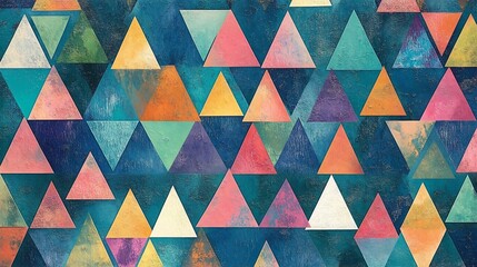 A colorful pattern of triangles on a blue background.