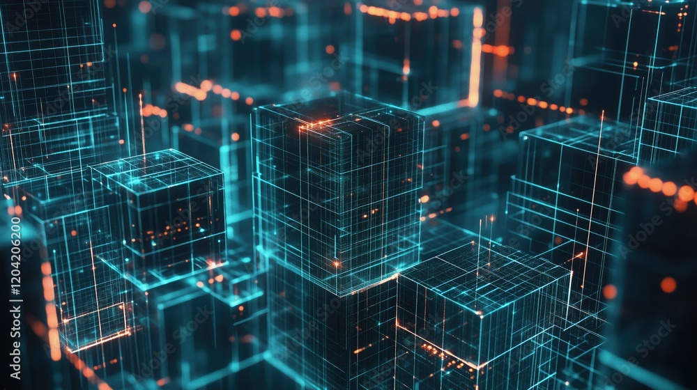 Poster high - tech grid of interconnected blue and orange - lit cubes, evoking a sense of digital architect