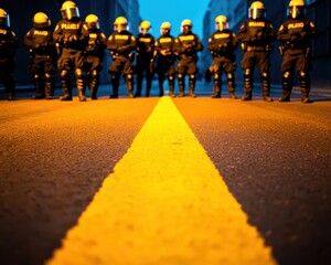 Obraz premium A group of police officers in riot gear stands on a street, illuminated by a yellow line, during a low-light setting, suggesting tension or a significant event.
