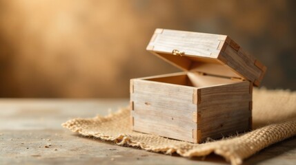 A rustic wooden box rests open on burlap, inviting a sense of mystery and anticipation.