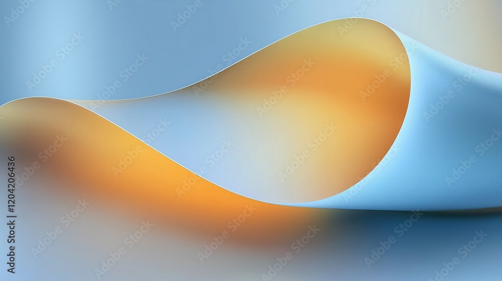 Poster graceful and flowing abstract shape in a blend of soft blue and warm orange hues, creating a visuall