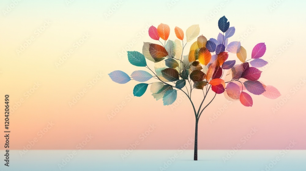 Poster conceptual image of tree with leaves in various colors symbolizing and growth set against smooth pas