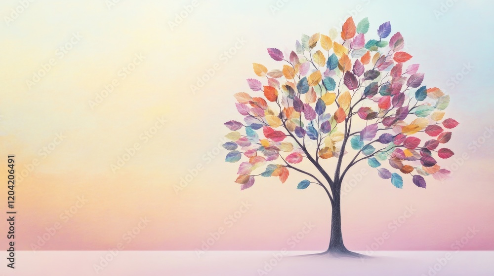 Poster conceptual image of tree with leaves in various colors symbolizing and growth set against smooth pas