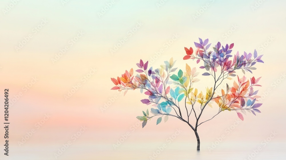 Poster conceptual image of tree with leaves in various colors symbolizing and growth set against smooth pas