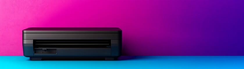 Modern black printer against a vibrant purple and blue gradient background.