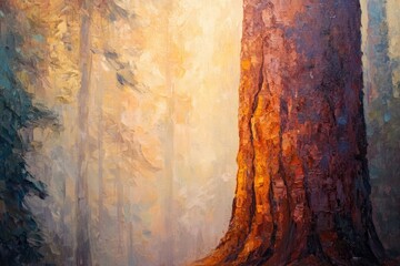 Impasto oil painting of a giant redwood tree in a misty forest, bathed in warm sunlight.