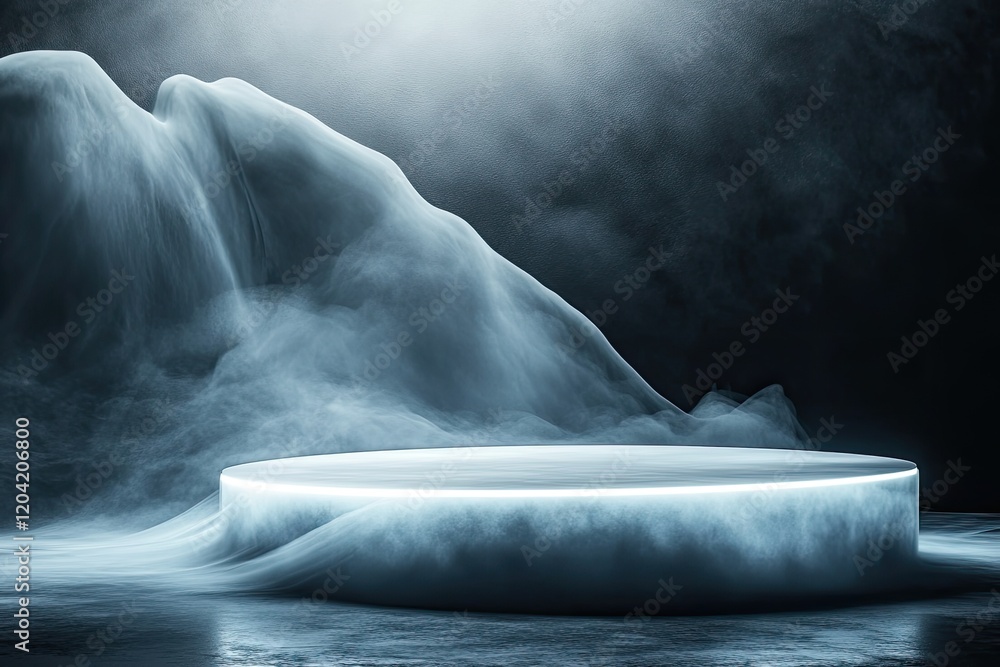 Poster creative design of podium shaped like floating platform with subtle glowing edges against dark abstr