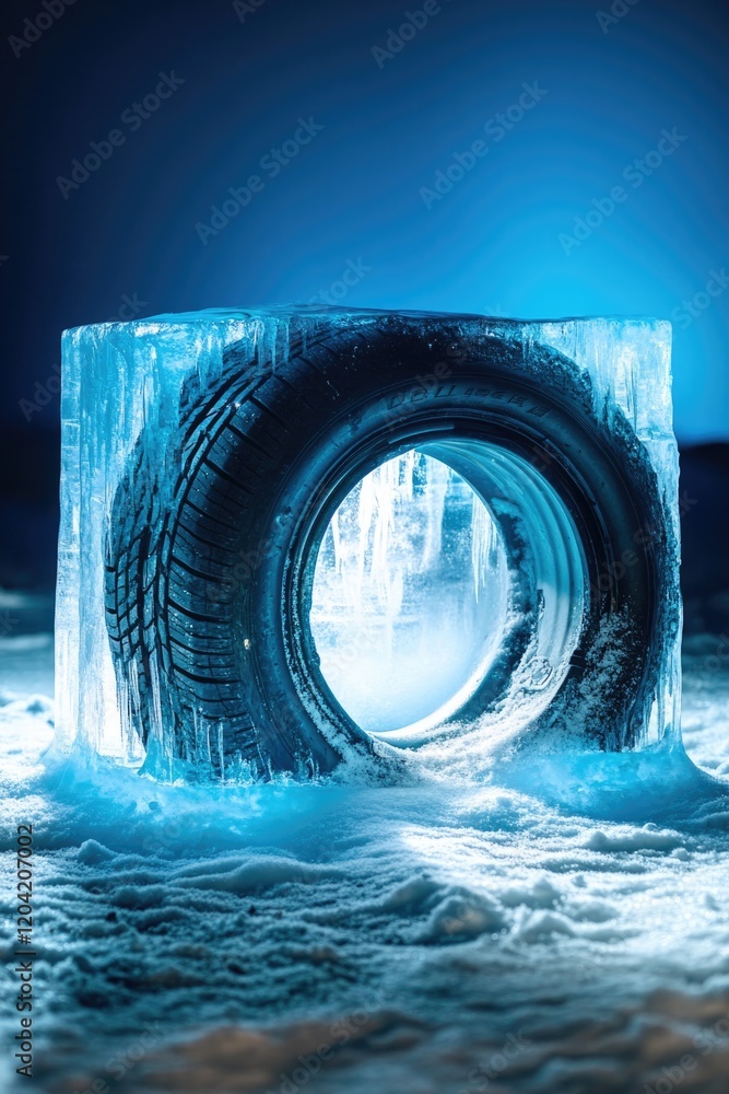 Aufkleber creative image of tire partially frozen in block of ice placed on snowy ground with soft blue lighti