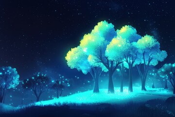 Glowing Trees Illuminate A Nighttime Fantasy Forest