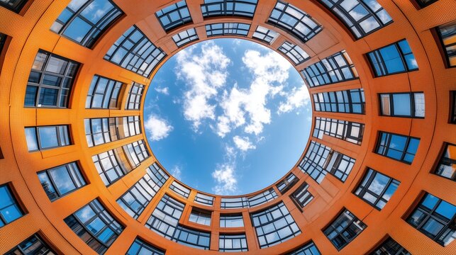 Aerial view of a circular building with orange - hued walls and numerous windows, framing a clear blue sky with clouds, showcasing an architectural marvel.