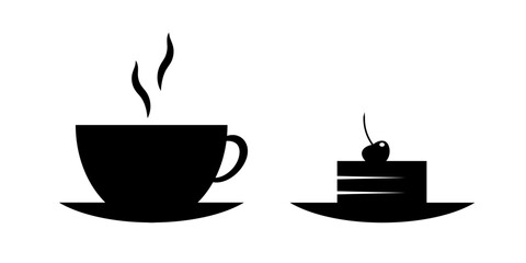 A cup of tea and a cake icon in flat. A cup of coffee or tea and cherry cheesecake symbol. Coffee with cherry pie sign. Black filled icon. Vector illustration for graphic design, Web, UI, mobile app.