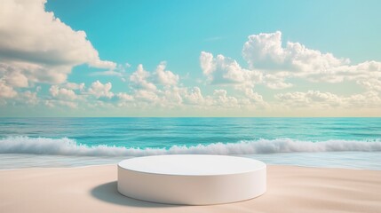 A circular white platform situated on a sandy beach, with gentle waves rolling in the turquoise sea and a clear blue sky dotted with fluffy clouds, presenting a serene and picturesque coastal scene.
