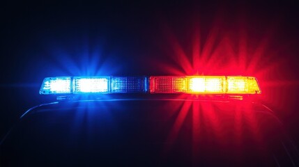 A close-up of a police vehicle's emergency lights emitting blue and red flashes against a dark background.