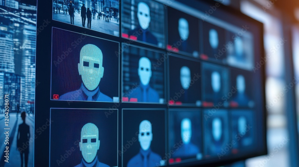 Poster the image shows a display of multiple digital faces, likely from a surveillance system, highlighting