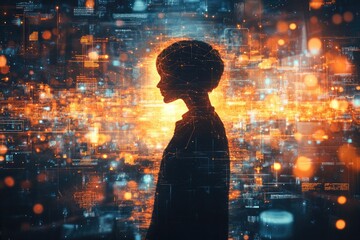 dramatic shot of human silhouette surrounded by glowing overlapping layers of abstract shapes and lines