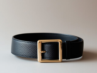 Elegant Black Leather Belt with Gold Buckle on Neutral Background