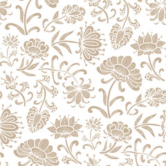 Abstract swirl flowers, paisley floral pattern, beige and white colors. Seamless floral pattern-609.