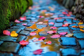 Fototapeta premium Autumn leaves fall on a wet cobblestone path, reflecting colors in puddles.