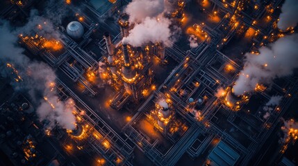 Fototapeta premium dynamic aerial view of oil refinery at dusk with glowing lights and billowing steam creating cinematic effect